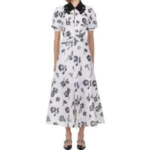 Self-Portrait Midi Dress Short Sleeve Floral Sequin Collared Cream Navy 10 NWT